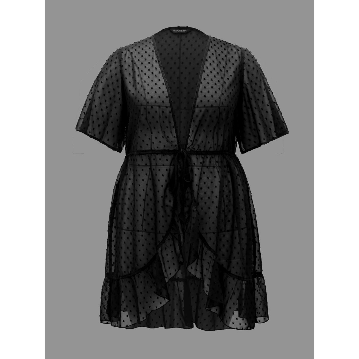 Plus Size Textured Dots Sheer Waist-Tie Kimono Women Black Elegant See through Bodycon Everyday Kimonos BloomChic 18-20/2X Product Image