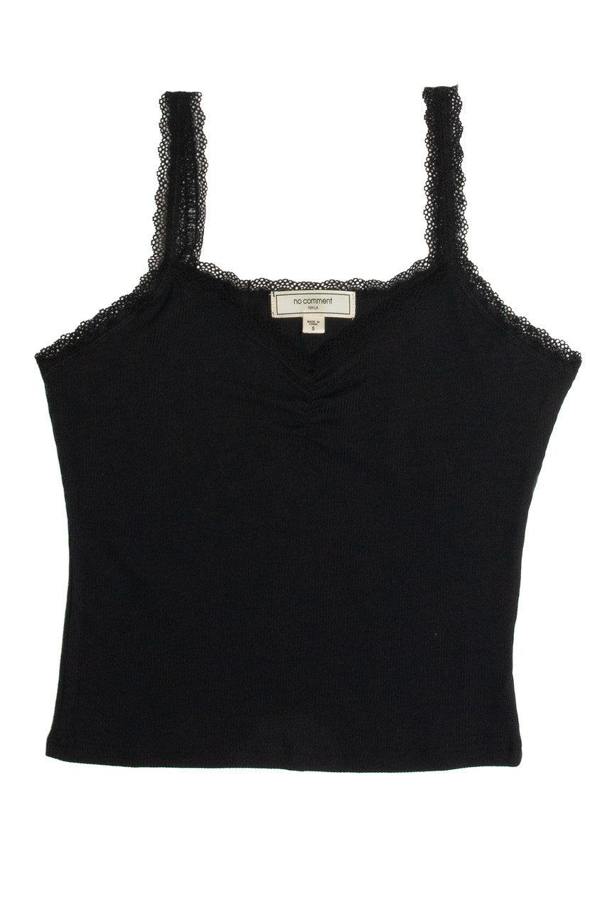 Black Ruched Lace Trim Cami Product Image