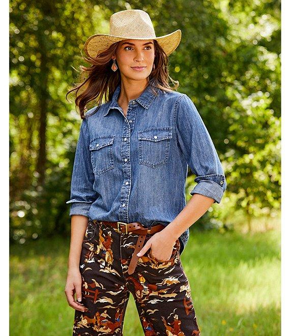 Reba Rodeo Cowboy Western Print Denim Twill High Rise Wide Leg Denim Jeans Product Image