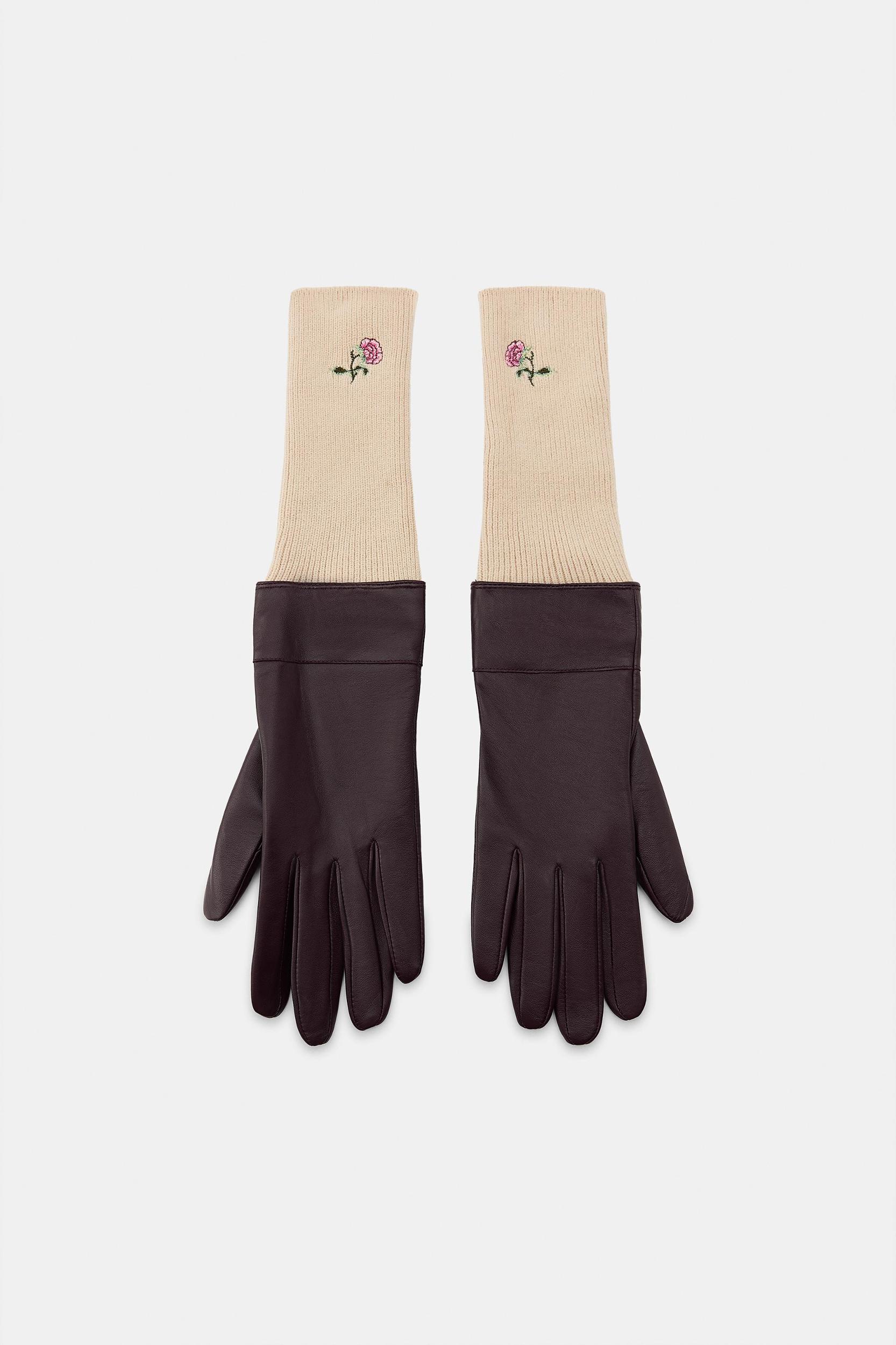 CONTRASTING LEATHER GLOVES WITH FLORAL EMBROIDERY Product Image