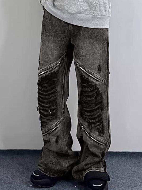 Men's Vintage Ripped Zip Up Loose Jeans Product Image