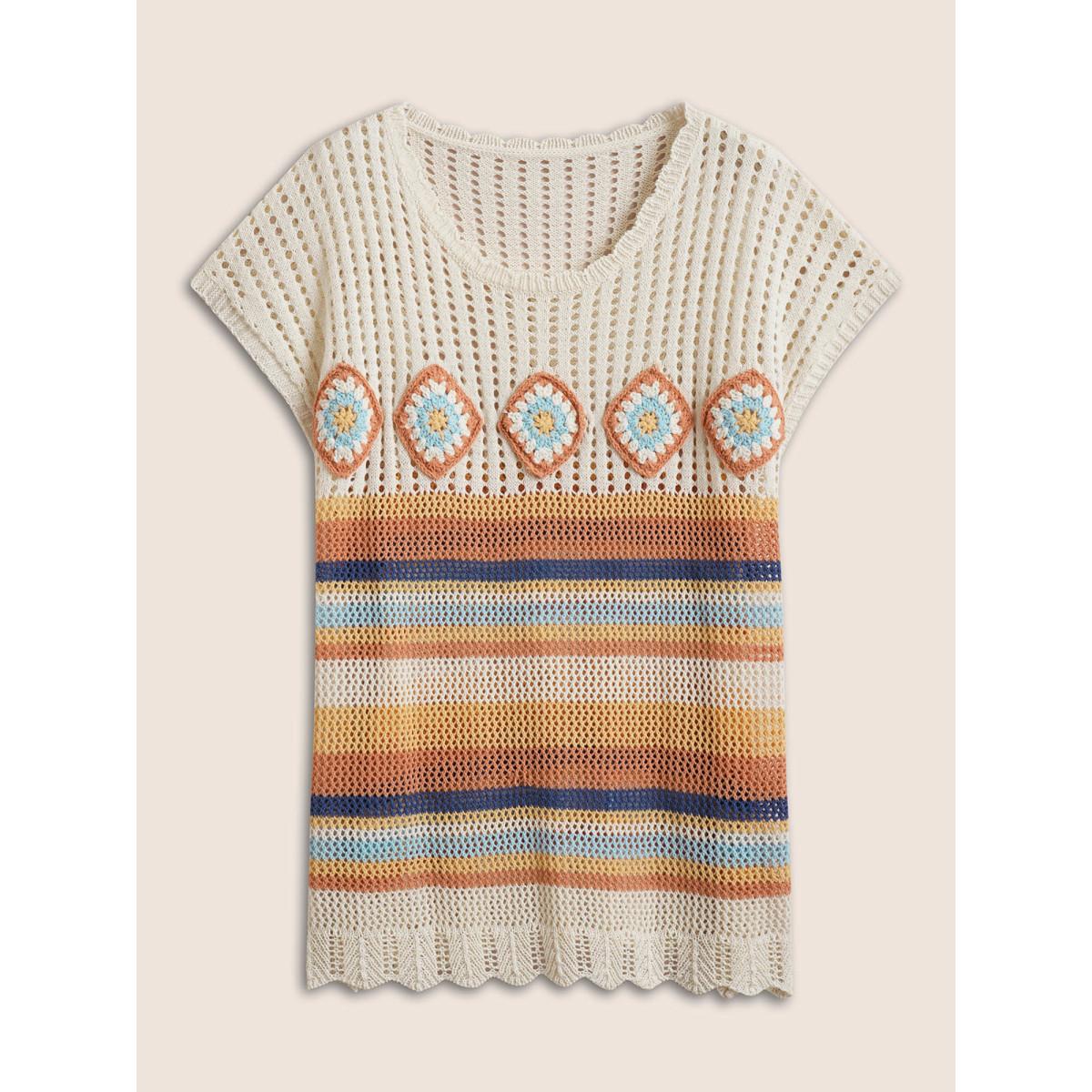 Plus Size Contrast Striped Crochet Cut Out Swim Cover Up Women's Swimwear Ivory Beach Crochet Curve Swim Cover Ups BloomChic 26/4X Product Image