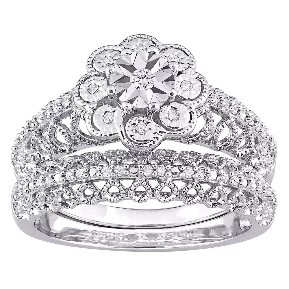 Stella Grace Sterling Silver 1/6 Carat T.W. Diamond Vintage Engagement Ring Set, Women's Product Image