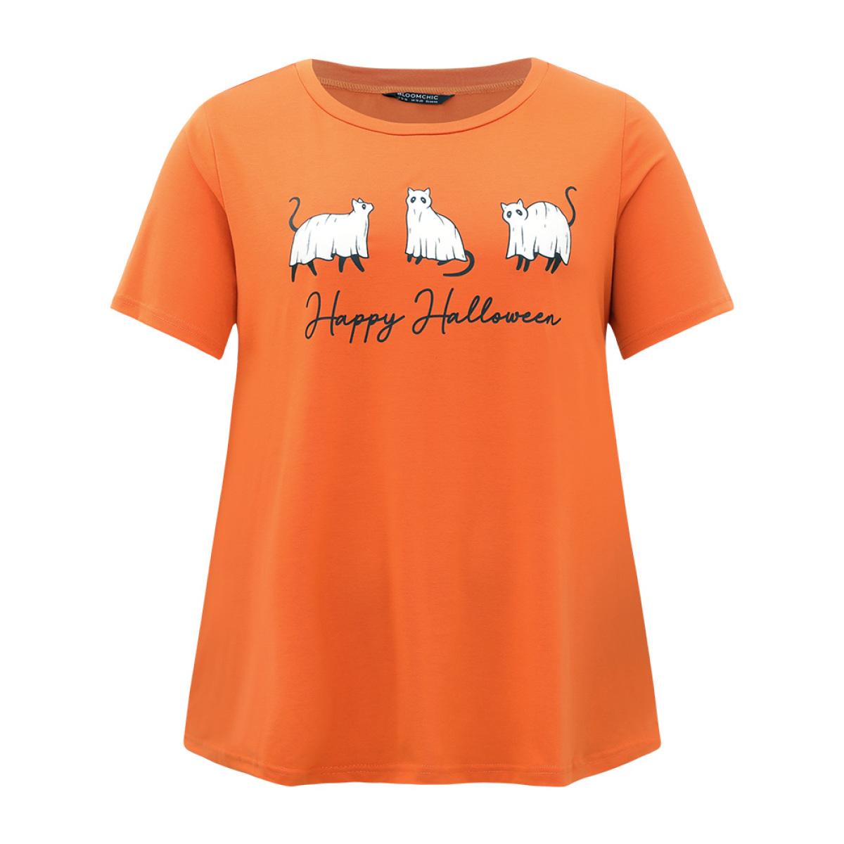 Plus Size Halloween Letter & Animals Crew Neck T-shirt OrangeRed Women Casual Printed Halloween Festival-Halloween T-shirts BloomChic 30/6X Product Image