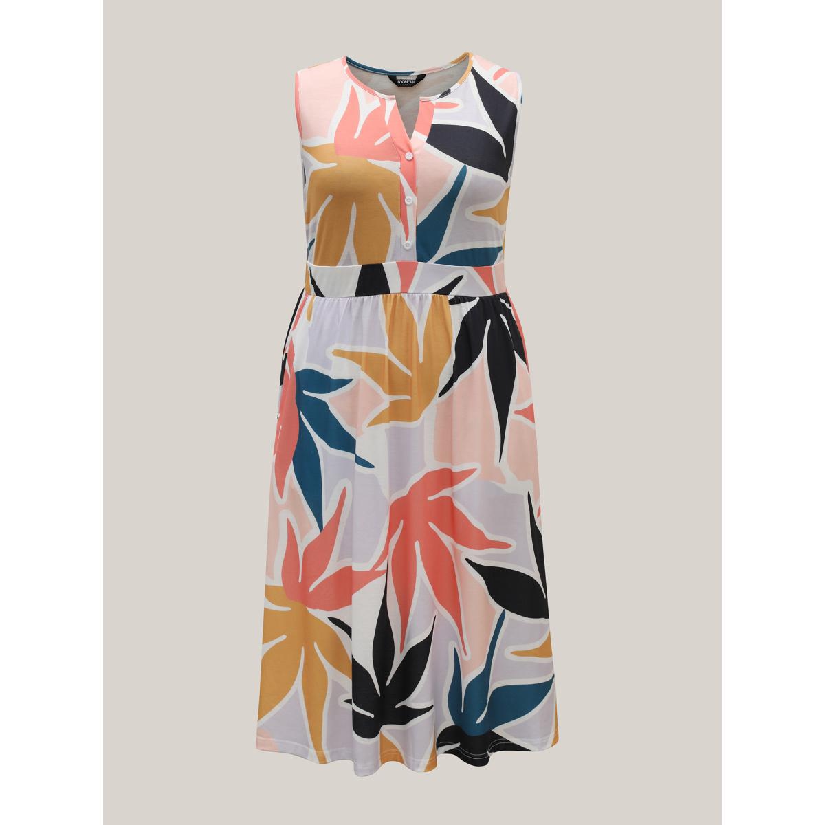 Plus Size Fall Leaf Print Stretchy Waist Placket Midi Dress Multicolor Women Casual Button Knit Dresses Bloomchic 30/6X Product Image