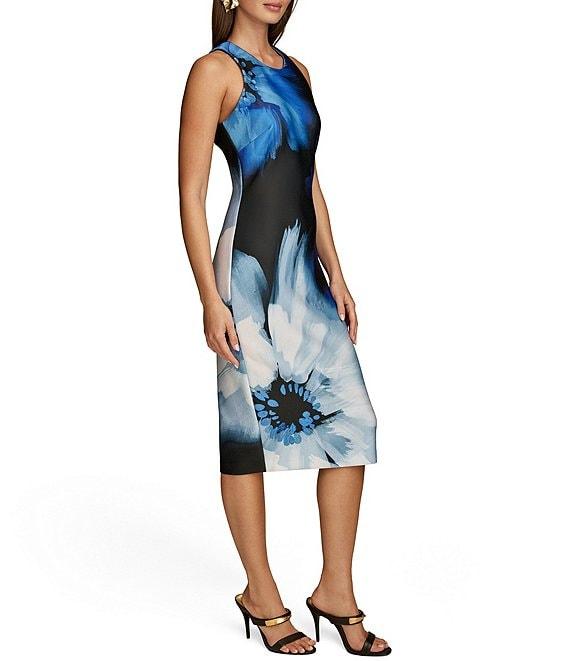 Donna Karan Crew Neck Sleeveless Floral Scuba Sheath Dress Product Image