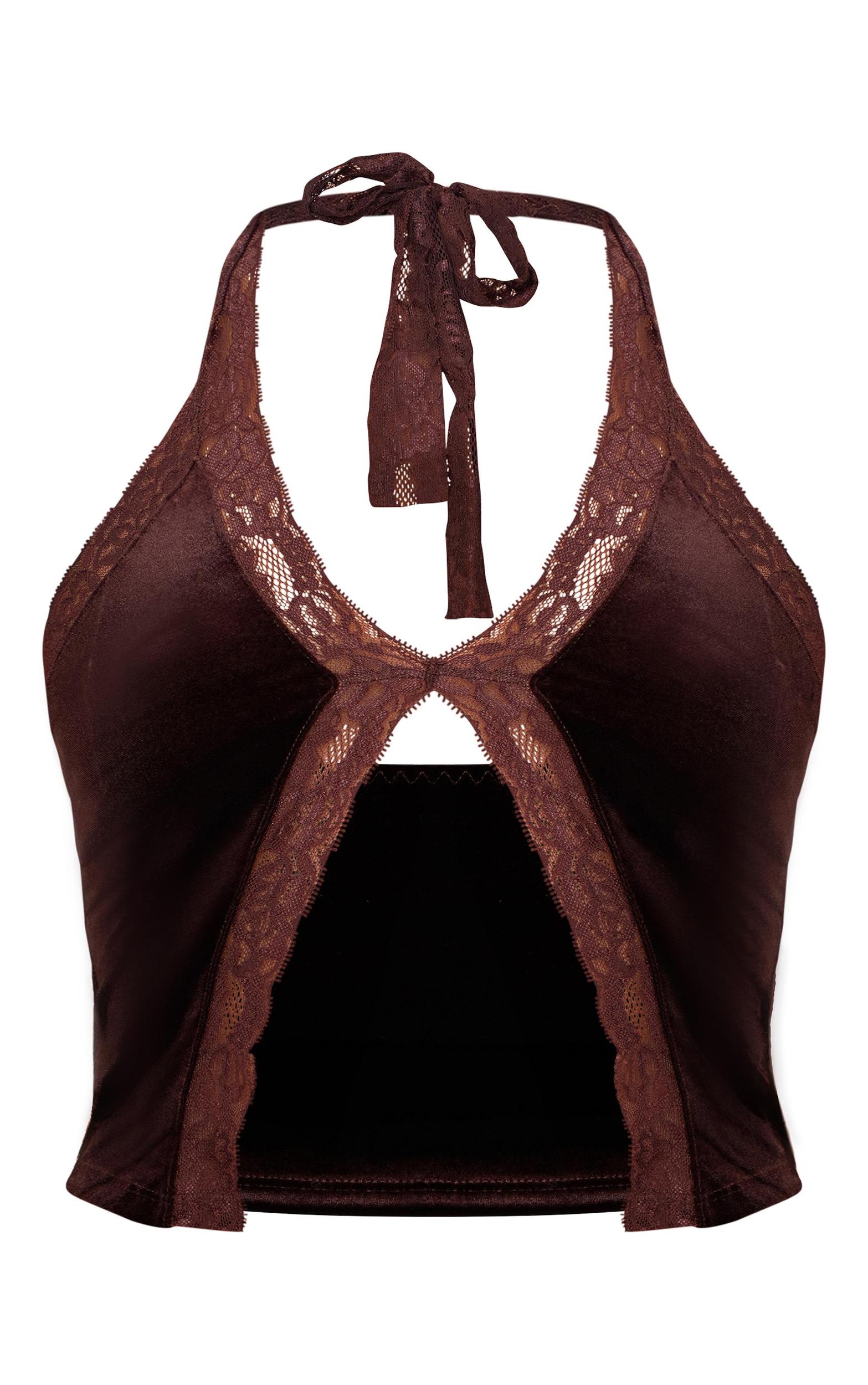 Chocolate Velvet Lace Split Hem Crop Top Product Image