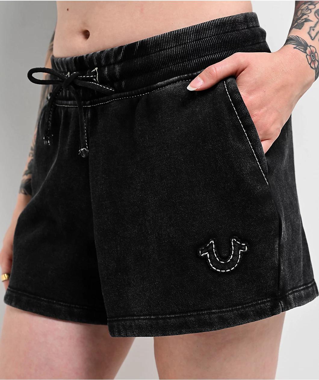True Religion Acid Wash Big T Black Sweat Shorts Product Image