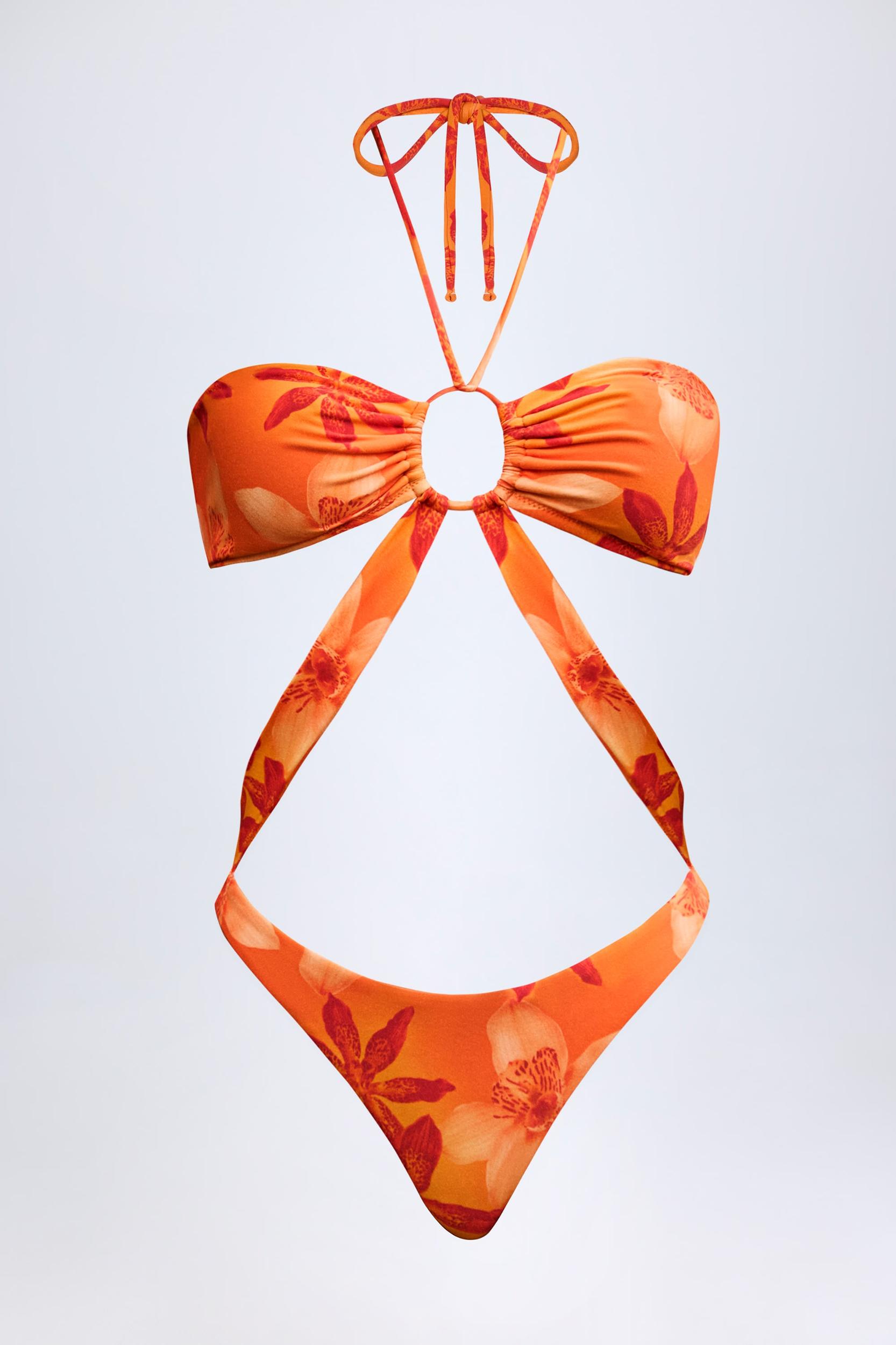 Cut-Out Halterneck Swimsuit in Orange Orchid Print Product Image