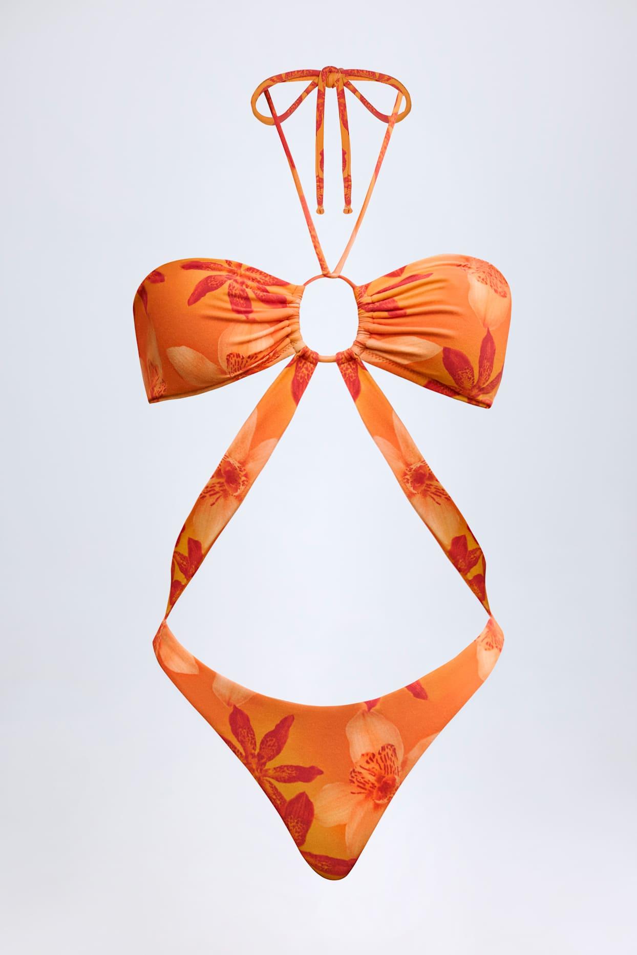 Cut-Out Halterneck Swimsuit in Orange Orchid Print Product Image