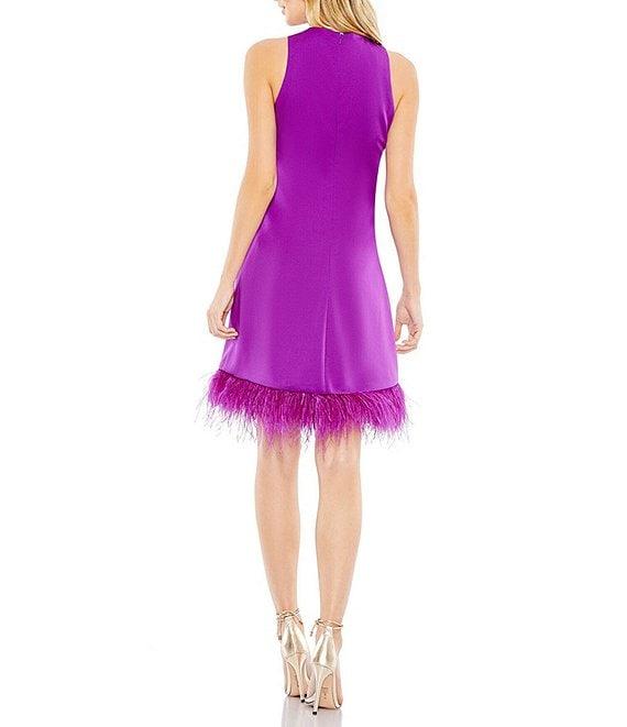 Mac Duggal Feather Trim Crew Neck Sleeveless Trapeze Mini Dress Product Image