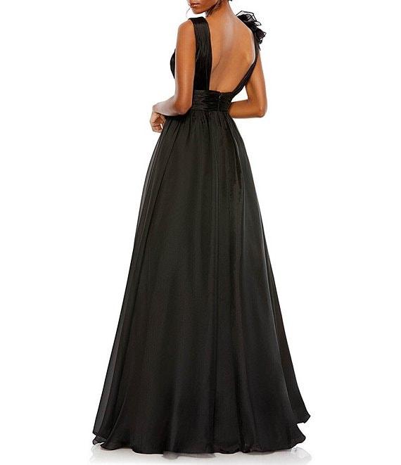 Mac Duggal Deep V-Neck Sleeveless Ruffled Shoulder Ball Gown Product Image