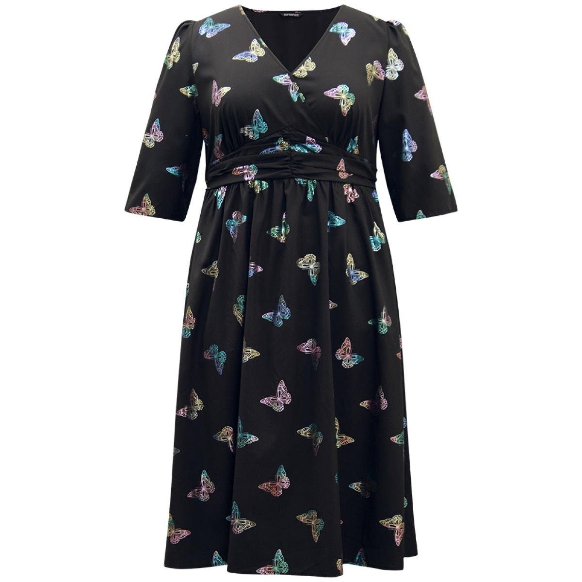 Plus Size Butterfly Glitter V Neck Ruched Dress Black Women Party Wrap Overlap Collar Half Sleeve Curvy Midi Dress BloomChic 26/4X Product Image