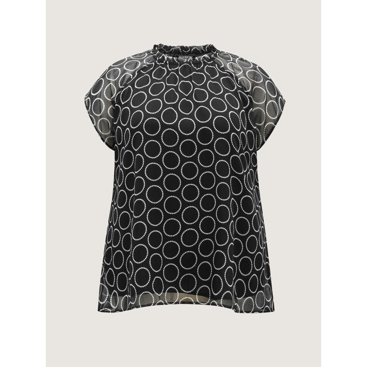 Plus Size Black Polka Dot Mock Neck Mesh Patchwork Blouse Women Workwear Essentials Cap Sleeve Round Neck Work Blouses BloomChic 10/M Product Image