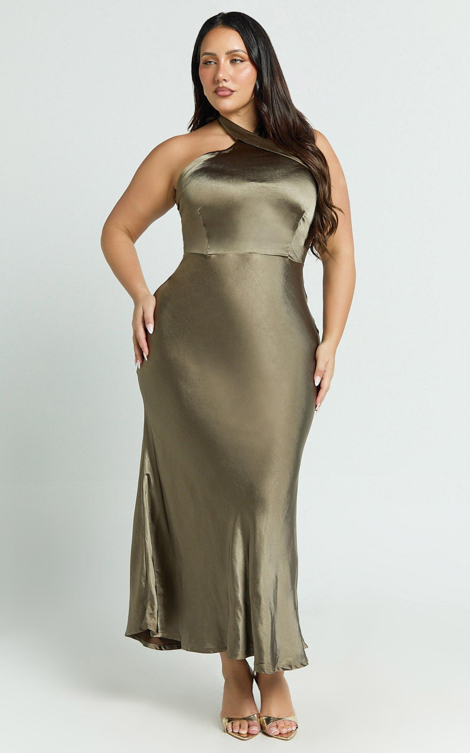 Rhianne Midi Dress - Twist Halter Neck Open Back Satin Dress in Olive Product Image