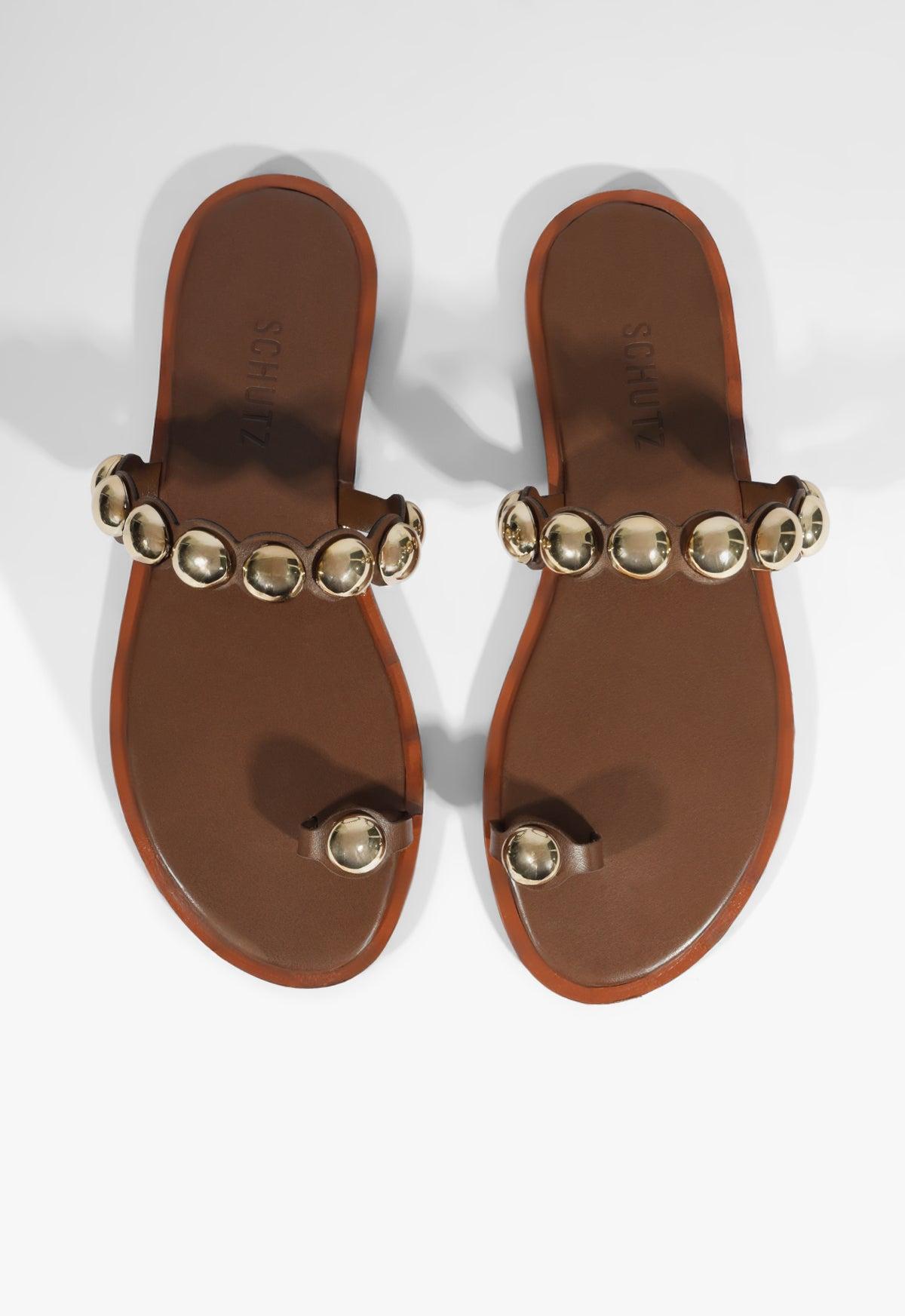 Romy Brown Leather Flat Sandal Product Image