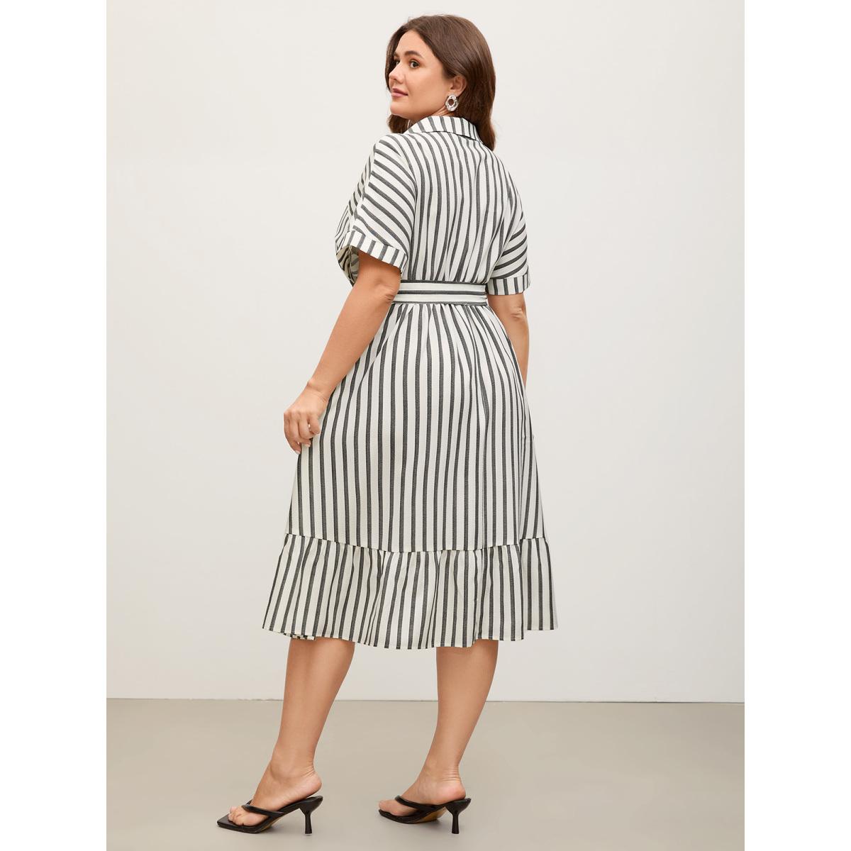 Plus Size Striped Belted Cinched Button Placket Midi Dress Black Women Belted Shirt collar Short sleeve Curvy BloomChic 26/4X Product Image
