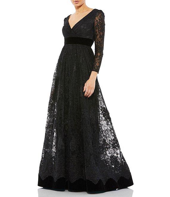 Mac Duggal V-Neck Long Sleeve Lace A-line Gown Product Image