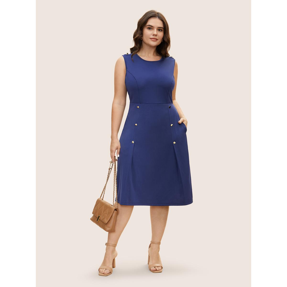 Plus Size Plain Metal Detail Pleated Tank Dress Navy Women At the Office Button Round Neck Sleeveless Curvy BloomChic 14-16/1X Product Image
