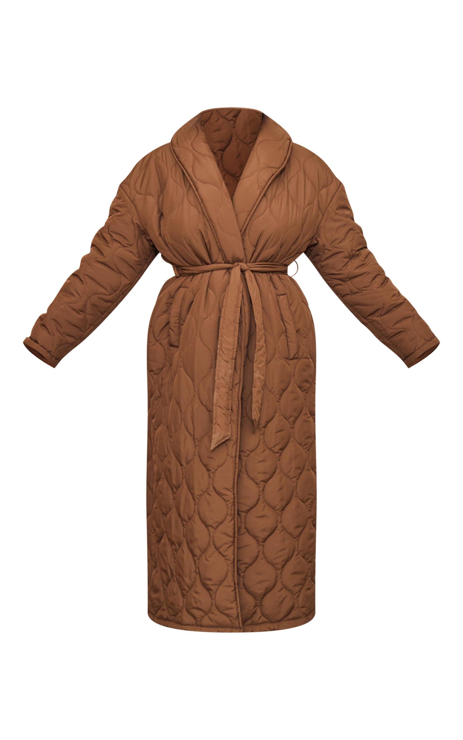Plus Dark Brown Maxi Belted Quilted Coat Product Image