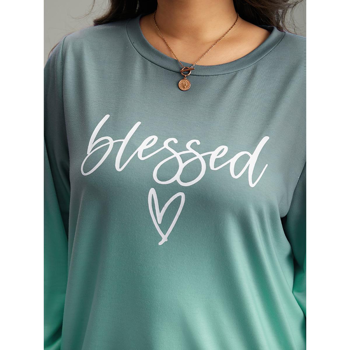 Plus Size Letter Print Ombre Crew Neck Sweatshirt Women Cyan Casual Printed Dailywear Sweatshirts BloomChic 22-24/3X Product Image
