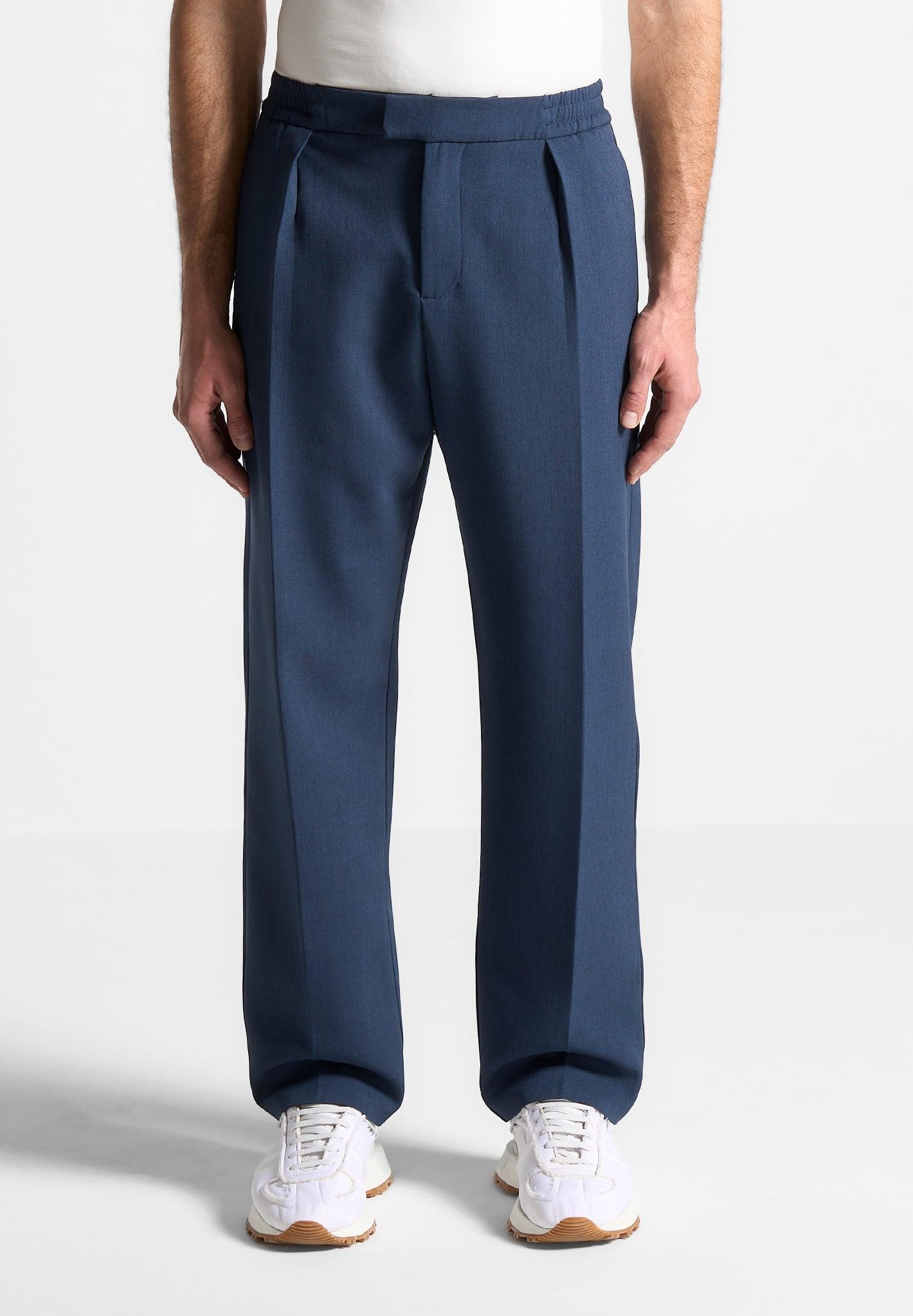 Relaxed Fit Hatched Pleated Tailored Trousers - Blue Male Product Image