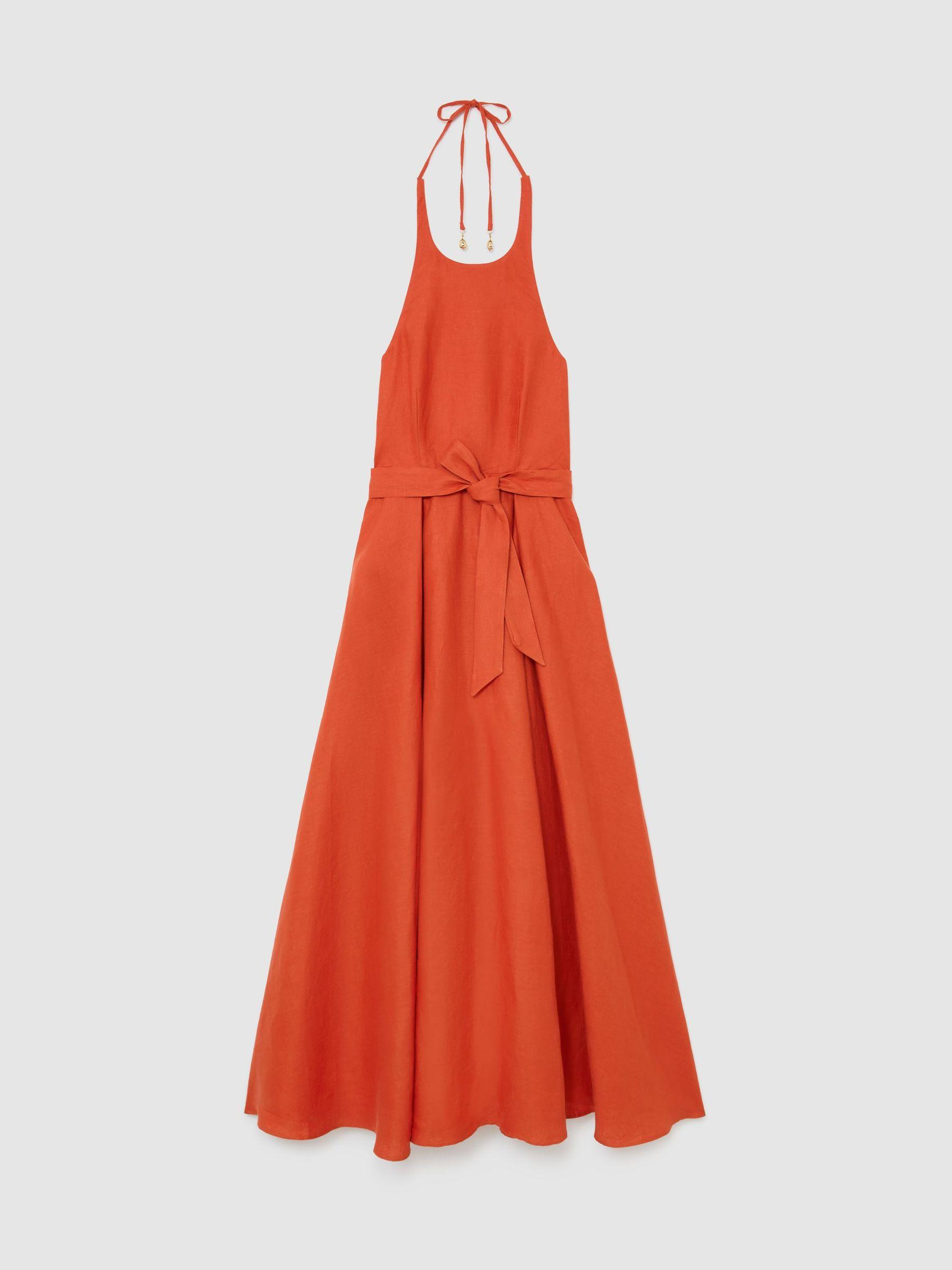 Linen Open-Back Maxi Dress in Coral Orange Product Image