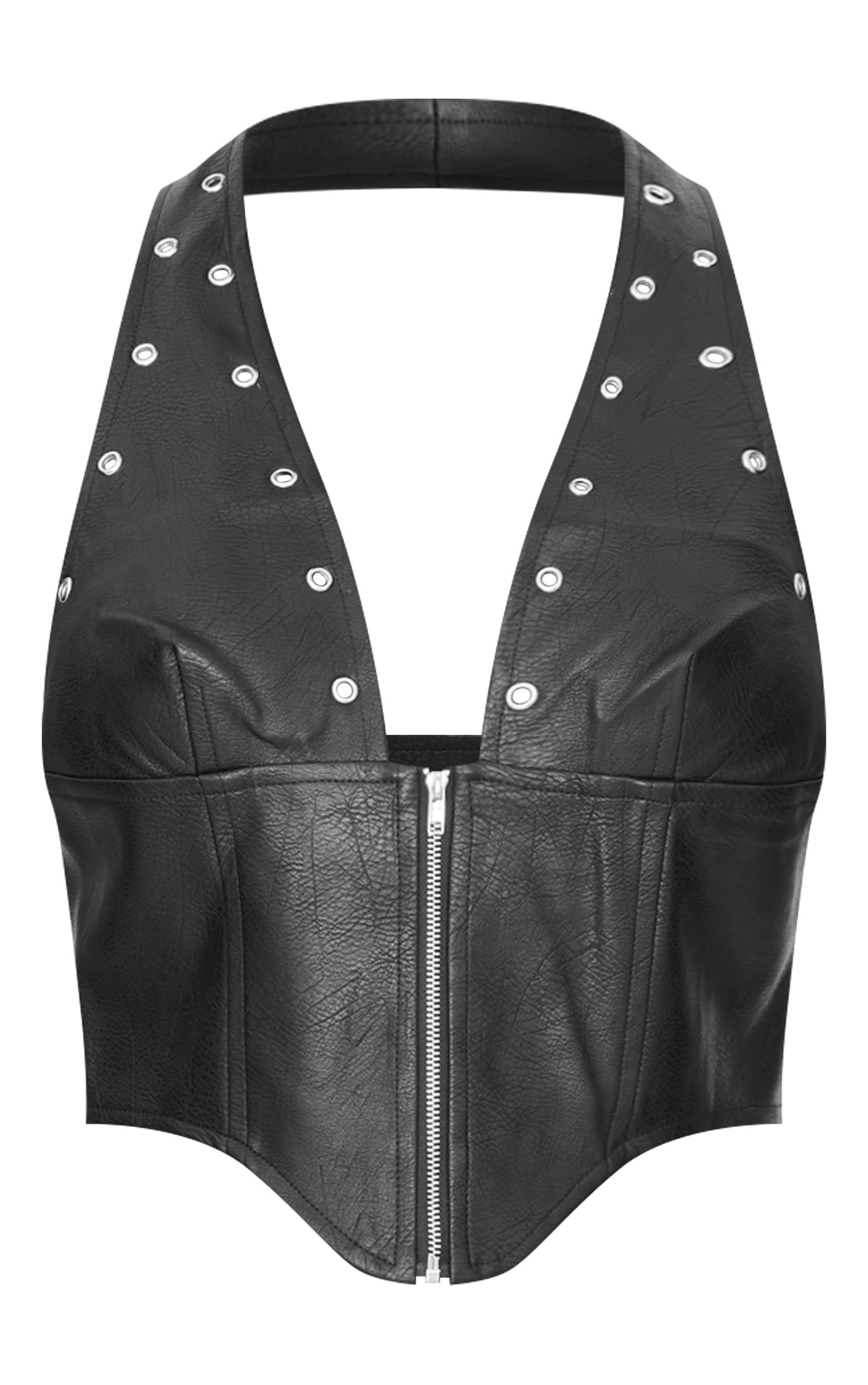 Black Faux Leather Studded Halter Neck Crop Top Product Image