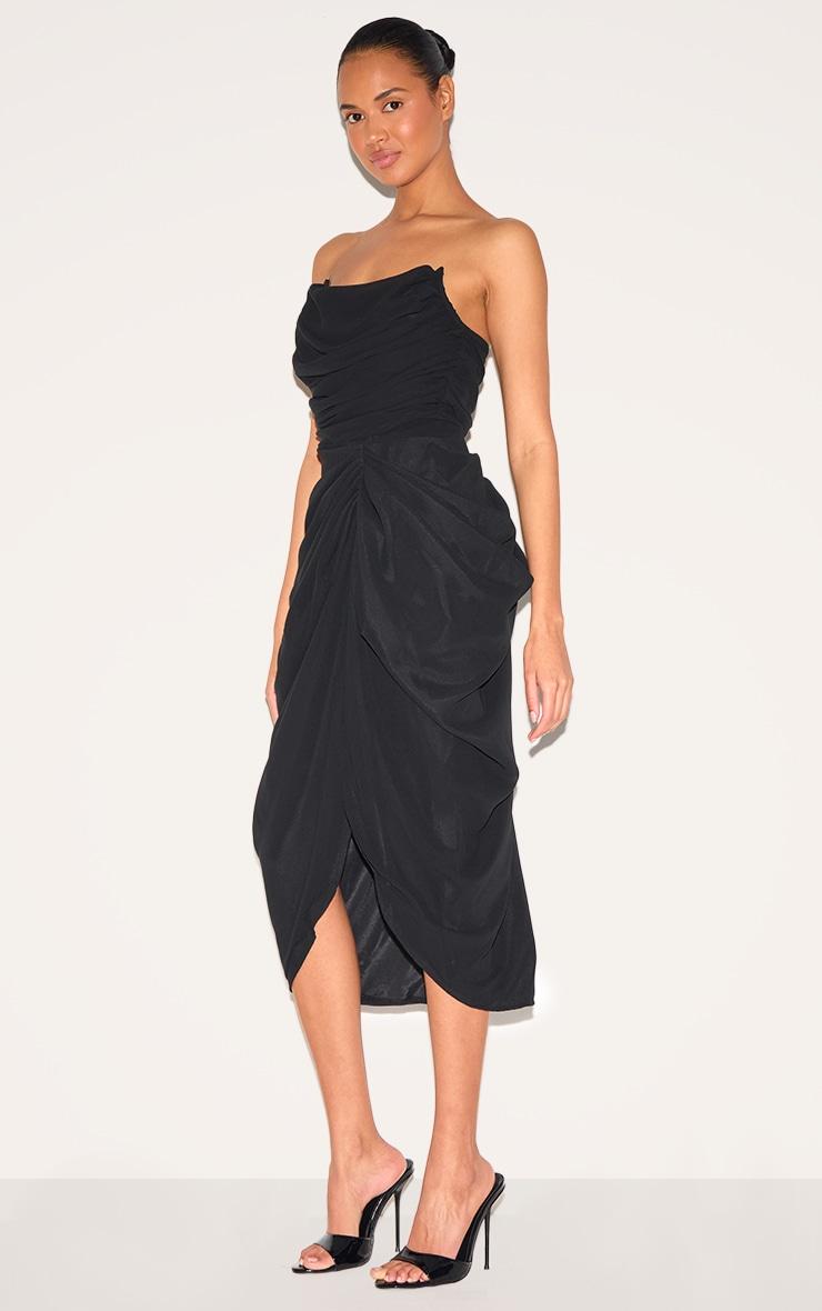 Black Chiffon Corset Bandeau Draped Midi Dress Product Image