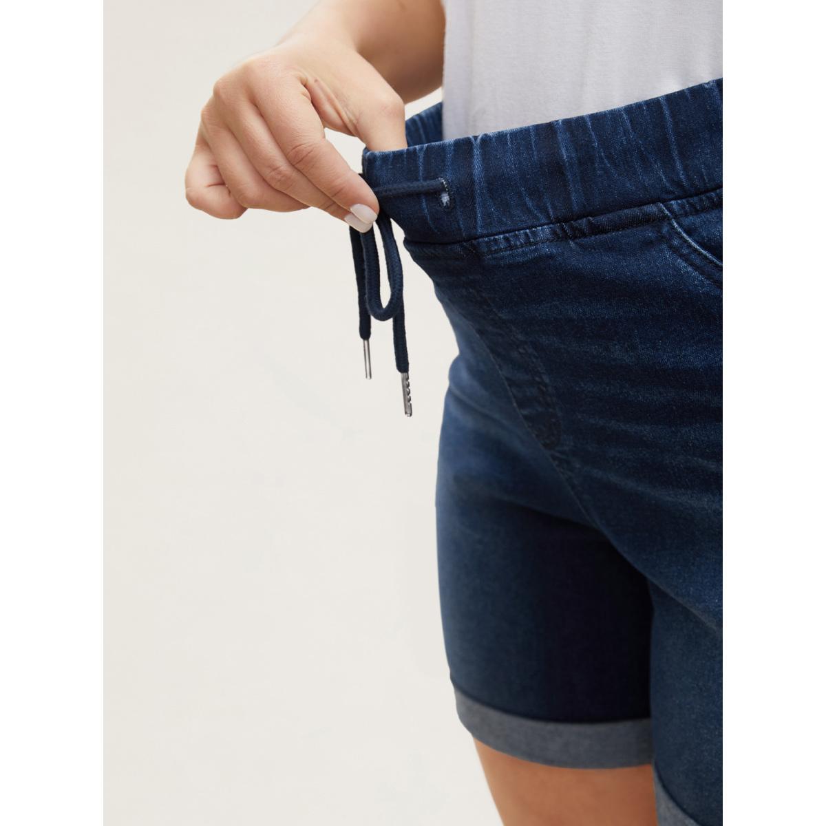 Plus Size Distressed Drawstring Roll Hem Denim Shorts Women Indigo Drawstring High stretch Casual Slanted pocket Leisure Denim Shorts BloomChic 28/5X Product Image