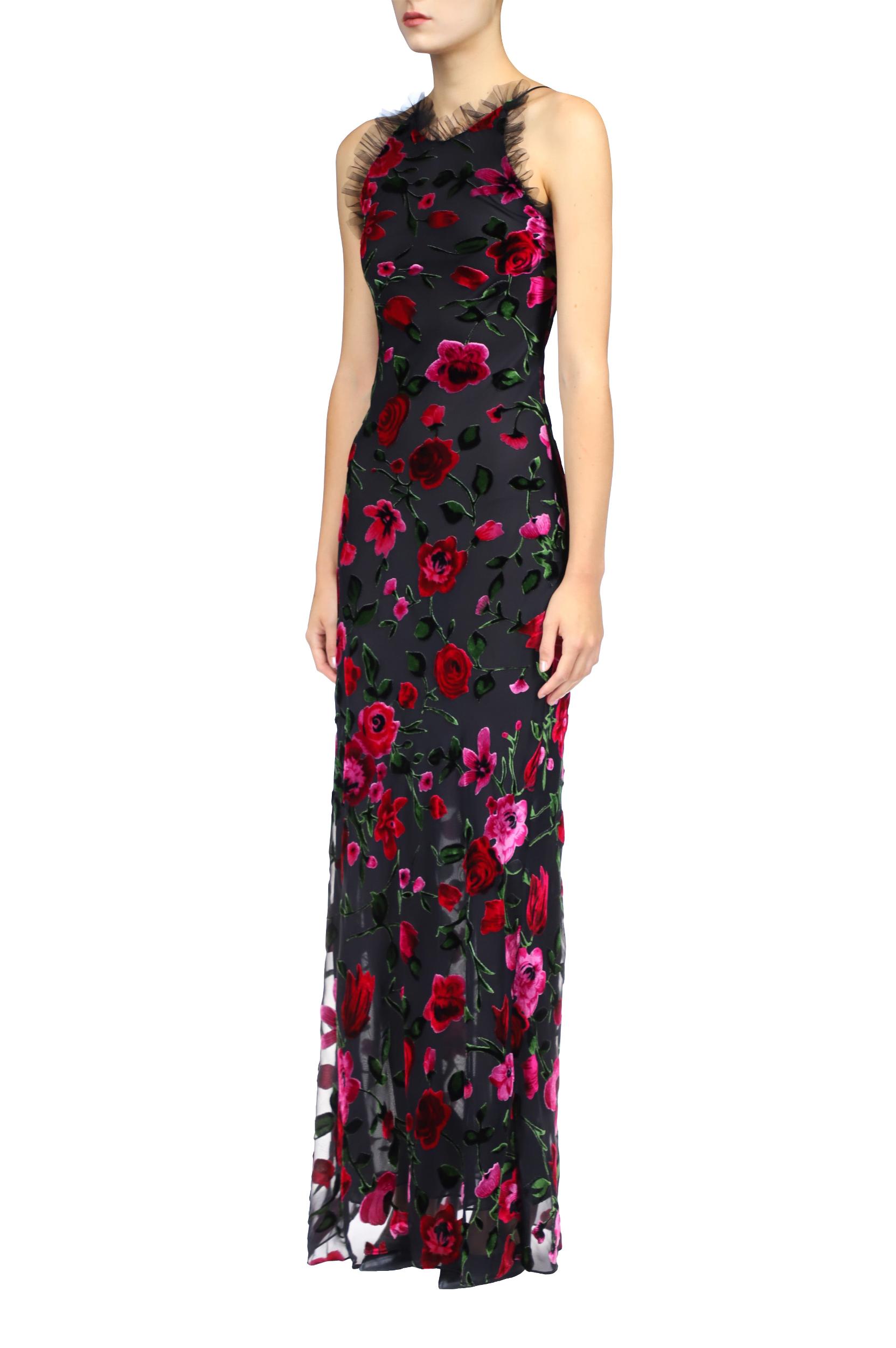 Floral Velvet Devoré Halter Gown With Tulle Detail Product Image
