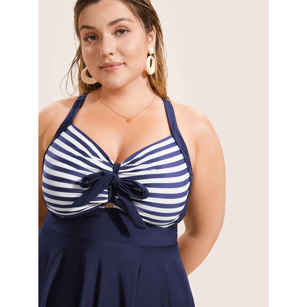 Plus Size Stripes Patchwork Tie Knot Cross Straps Swim Dress Women's Swimwear Indigo Resort Bodycon Heart neckline High stretch Curve Swim Dresses BloomChic 28/5X Product Image