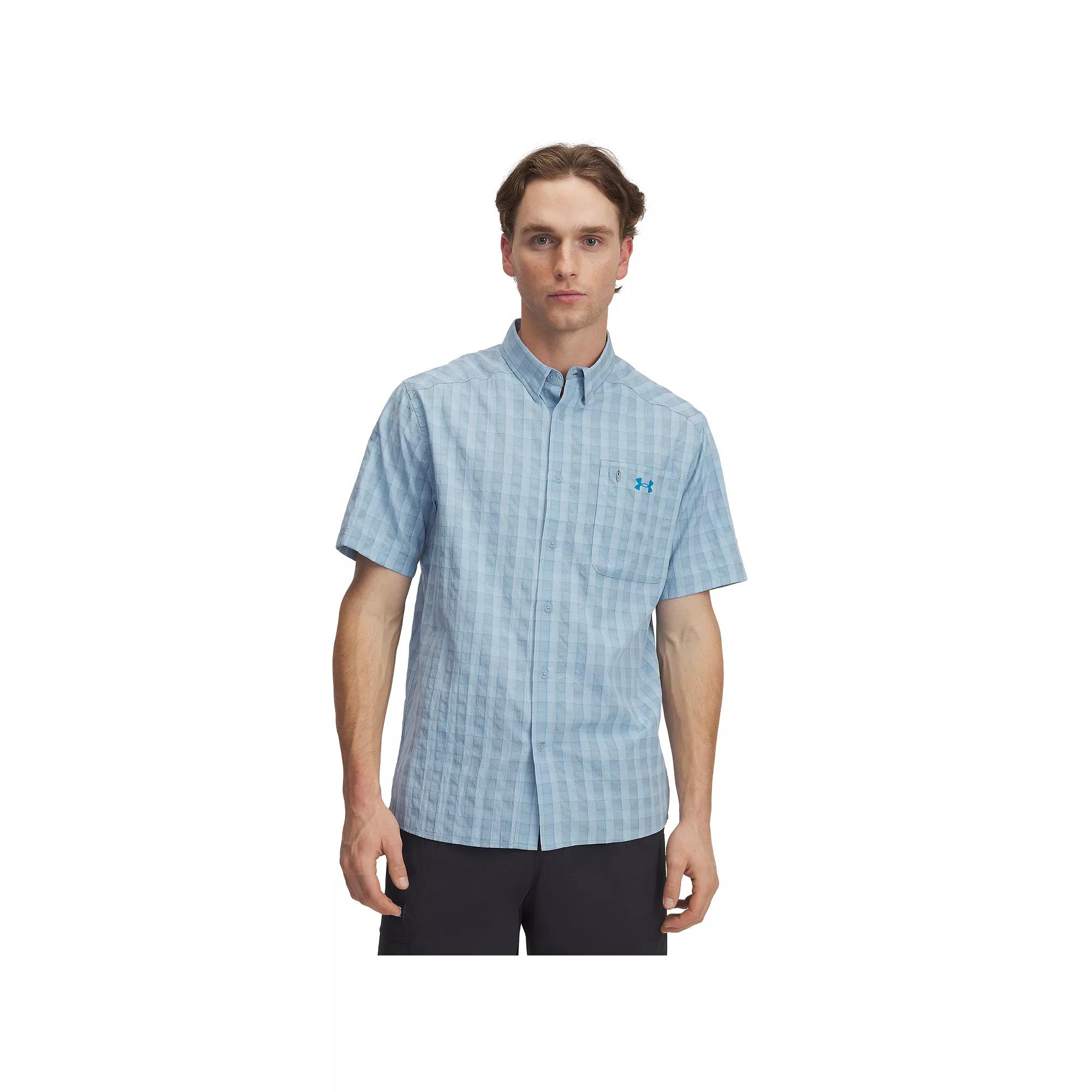 Men's Under Armour UPF 30 Drift Tide 2.0 Plaid Performance Short Sleeve Button-Down Shirt, Size: XL, Harbor Blue Product Image