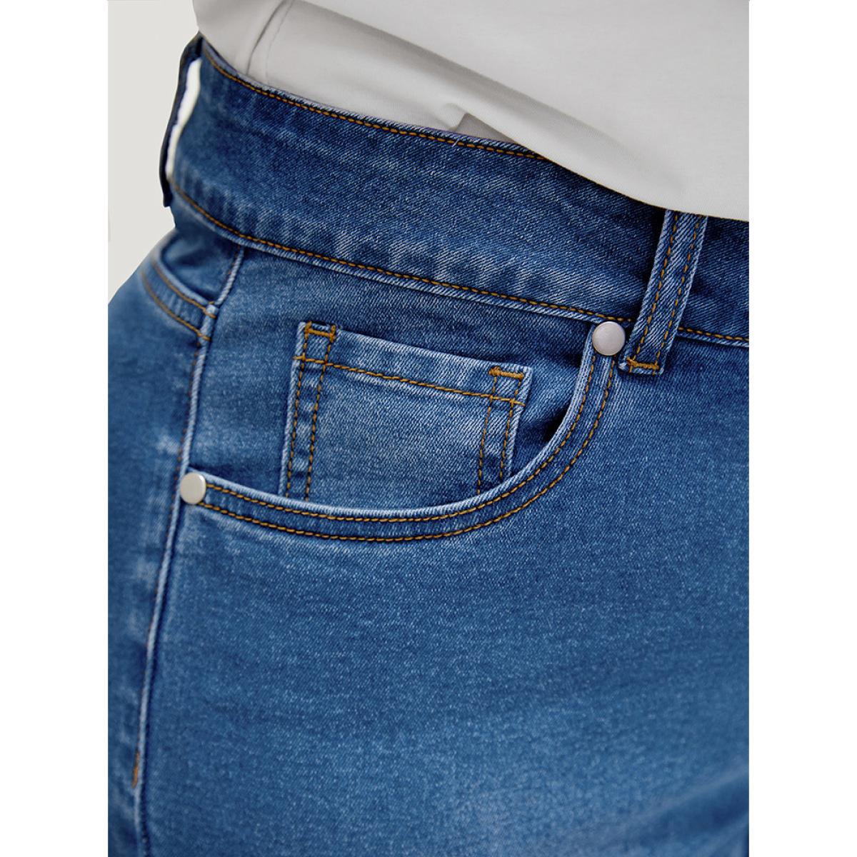 Plus Size Very Stretchy High Rise Medium Wash Embroidered Cropped Jeans Women LightBlue Casual Plain Embroidered High stretch Pocket Jeans BloomChic 14/1X Product Image