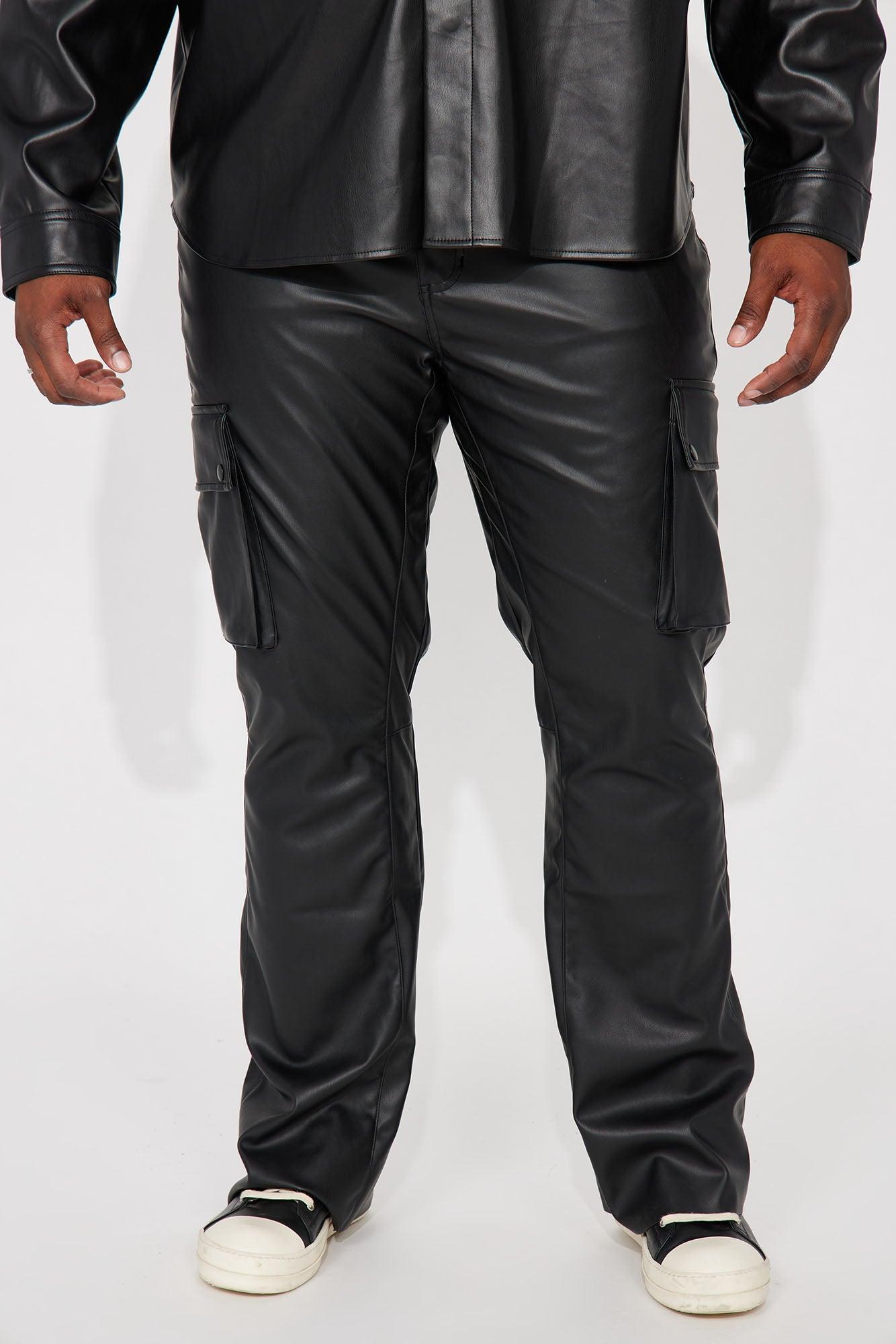 Finest Faux Leather Cargo Slim Flare Pants - Black Product Image