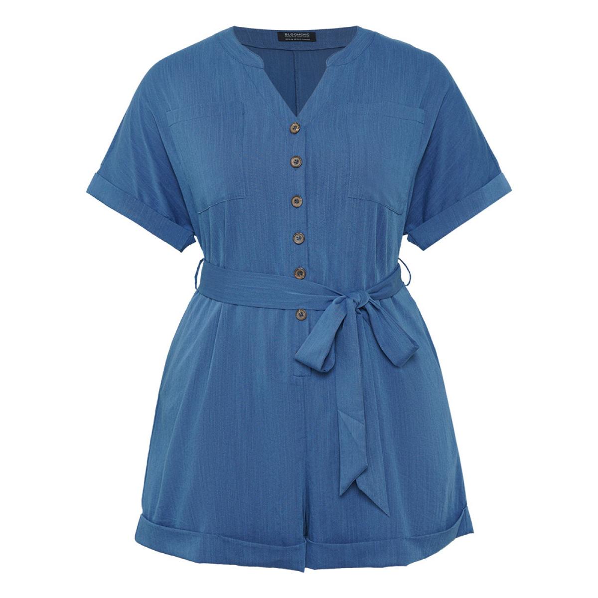 Plus Size Stone Anti-Wrinkle Solid Patched Pocket Notched Button Up Belt Romper Women Office Short sleeve Notched collar Office Loose Jumpsuits BloomChic 18-20/2X Product Image