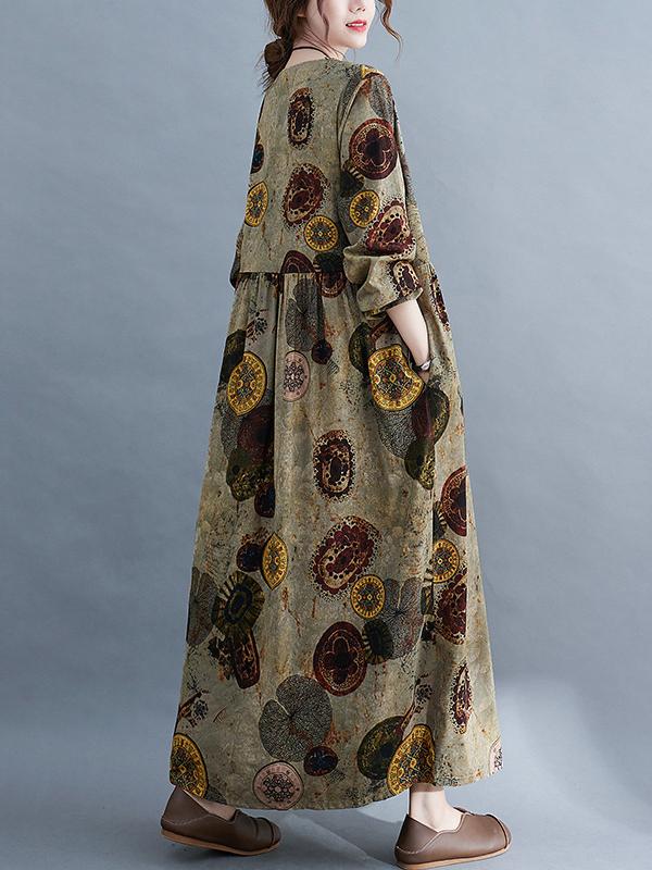 Artistic Retro Loose Long Sleeves Printed Round-Neck Maxi Dresses Product Image