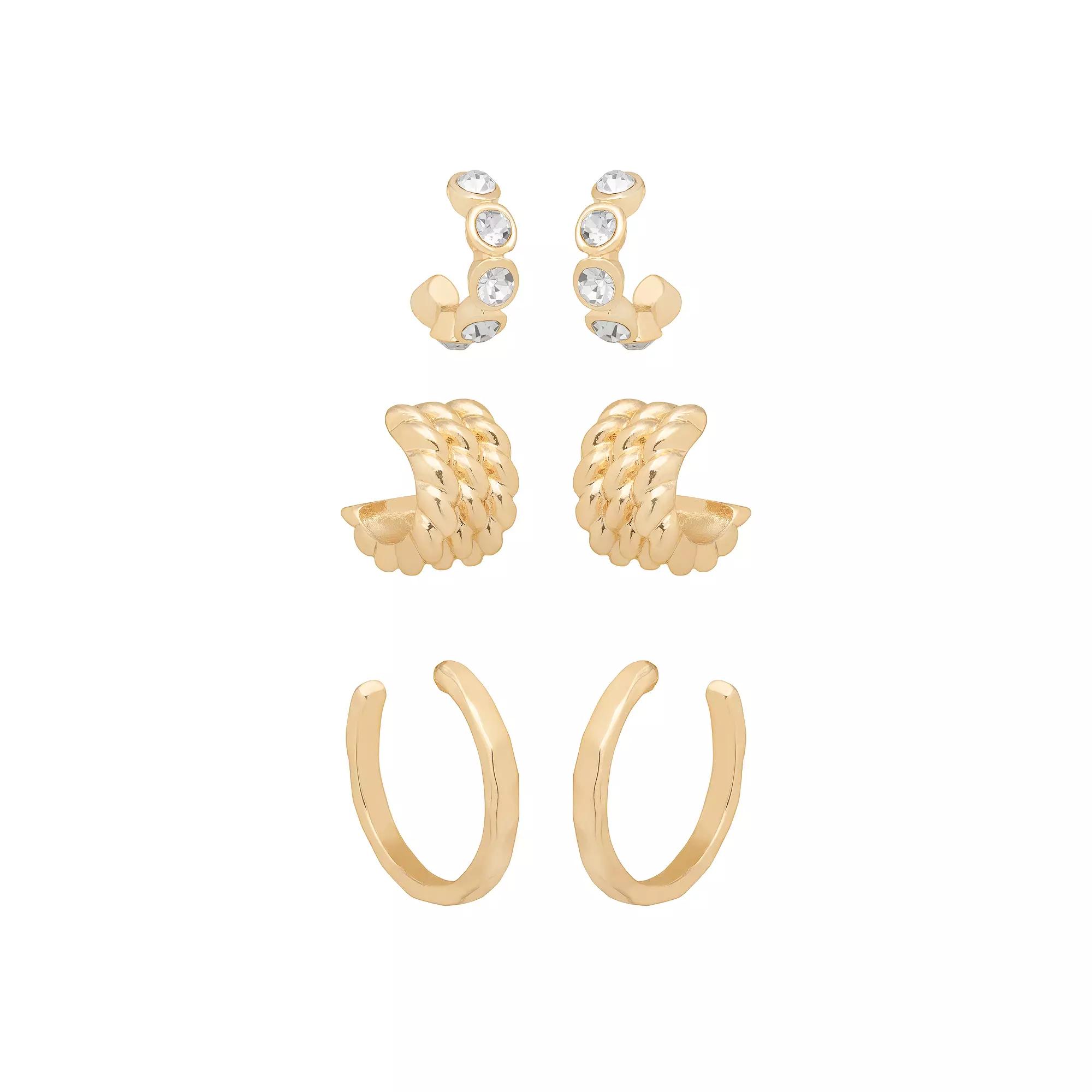 Emberly Gold Tone Hoop Earrings 3-Piece Set, Women's, Clear Product Image