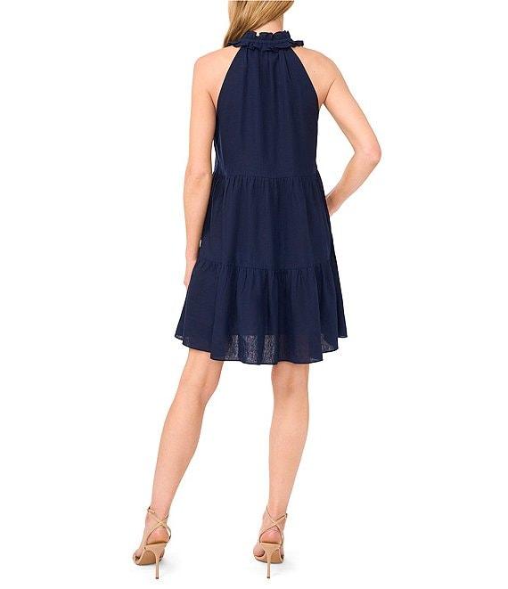 CeCe Woven Linen Blend Split Round Ruffle Neck Sleeveless Button Tie Front Tiered Dress Product Image