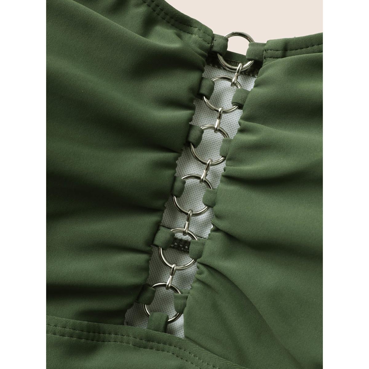 Plus Size Solid O Ring Buckle Detail Ruffle Trim Swim Dress Women's Swimwear Moss Beach Bodycon Heart neckline High stretch Curve Swim Dresses BloomChic 26/4X Product Image