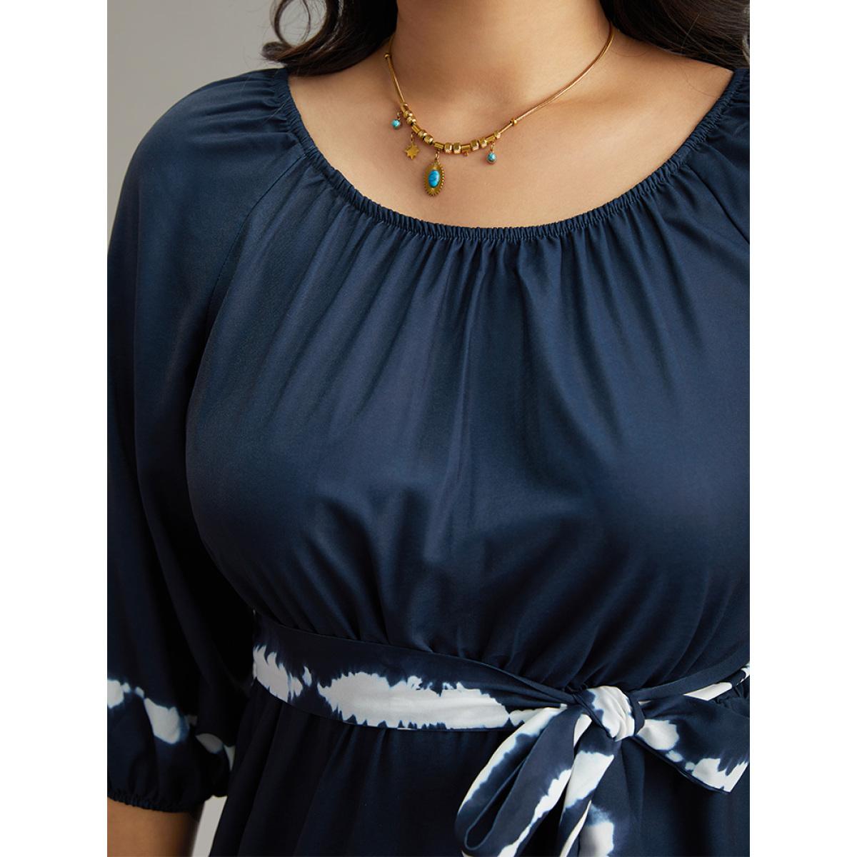 Plus Size Tie Dye Gathered Belted Lantern Sleeve Dress DarkBlue Women Vacation Elastic cuffs Round Neck Elbow-length sleeve Curvy Midi Dress BloomChic 22-24/3X Product Image