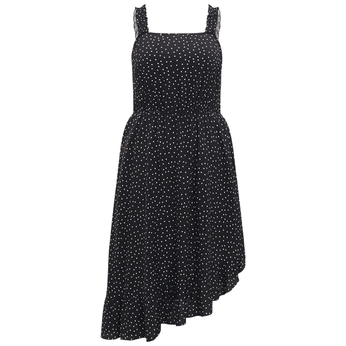Plus Size Polka Dot Square Neck Ruffle Asymmetrical Hem Cami Dress Black Women Elegant Gathered Spaghetti Strap Sleeveless Curvy Midi Dress BloomChic 14-16/1X Product Image