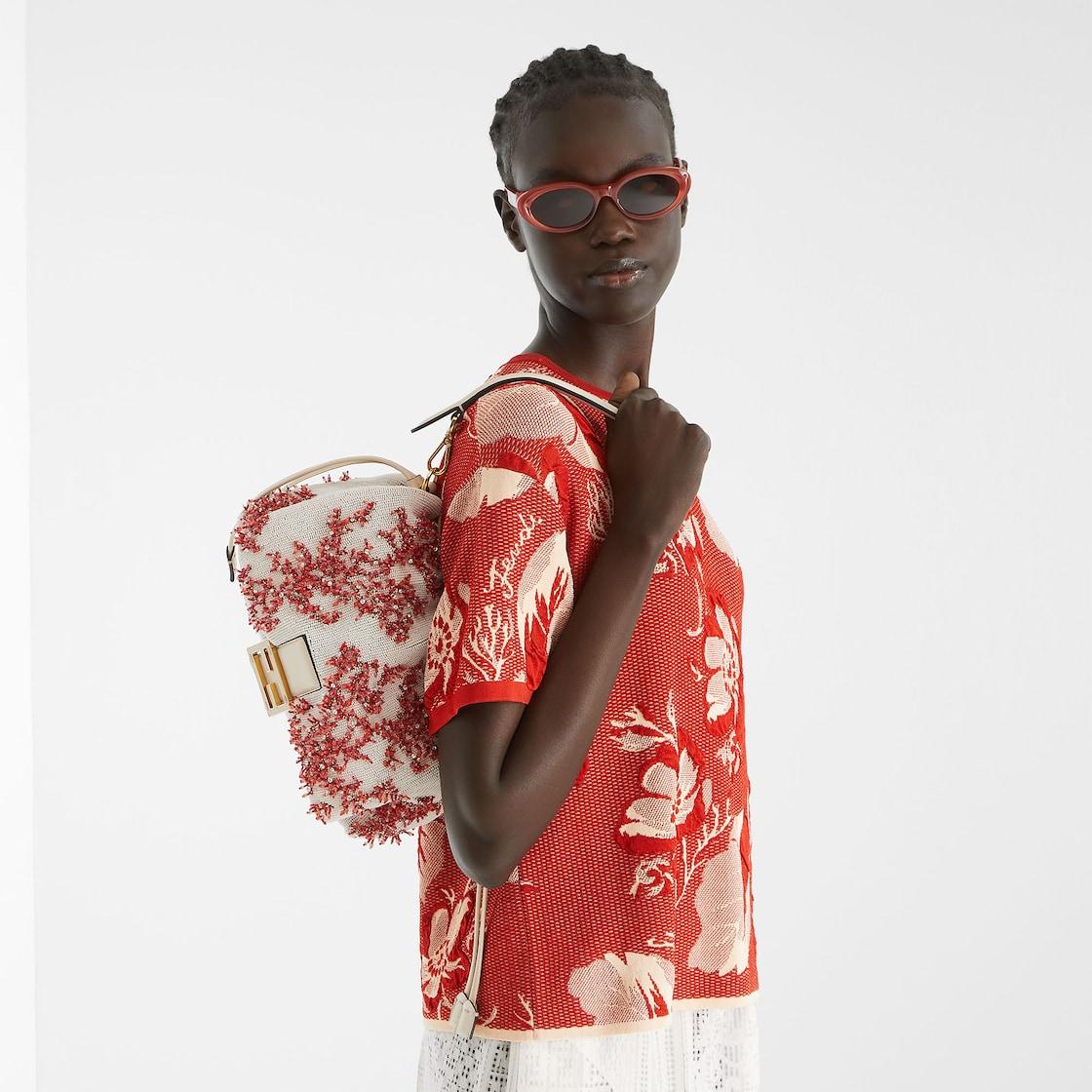 Mamma Baguette MediumSea Garden Coral red and camellia embroidered bag Product Image