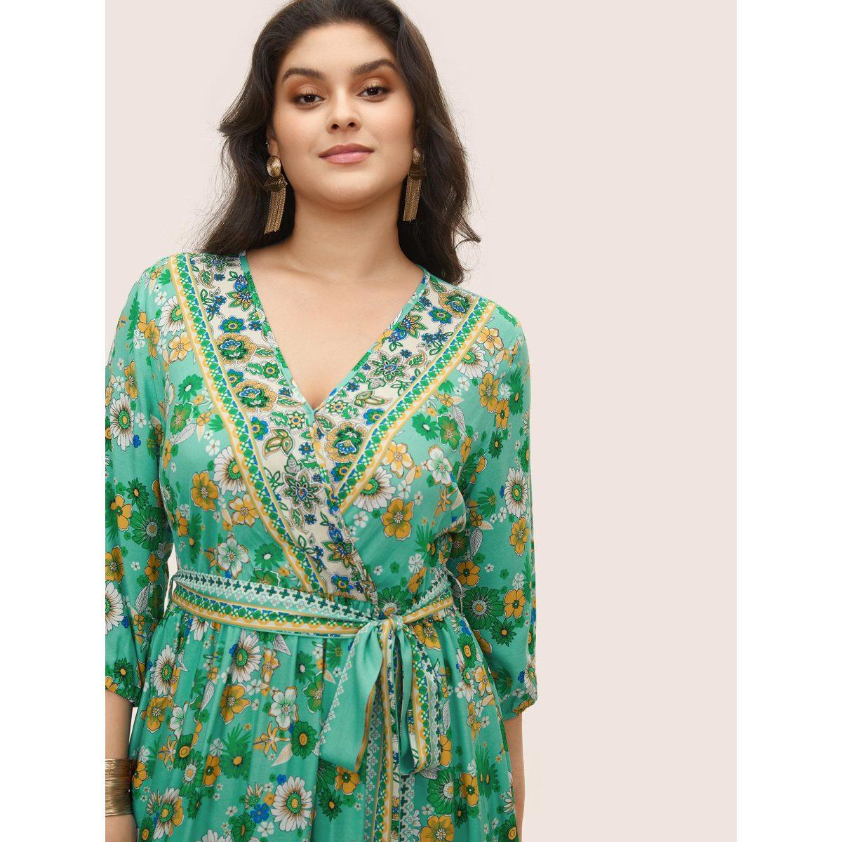 Plus Size Bandana Print Surplice Neck Lantern Sleeve Dress Emerald Women Resort Overlapping Overlap Collar Elbow-length sleeve Curvy Midi Dress BloomChic 18-20/2X Product Image