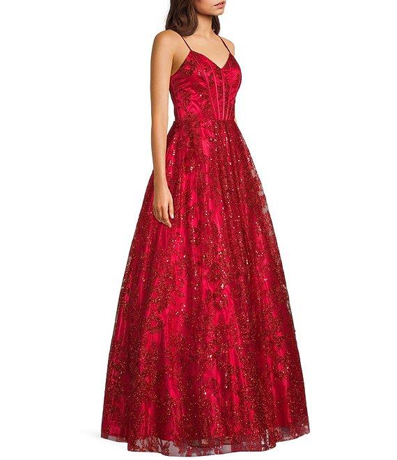 Blondie Nites Glitter Pattern V-Neck Spaghetti Straps Corset Tie-Back Gown Product Image