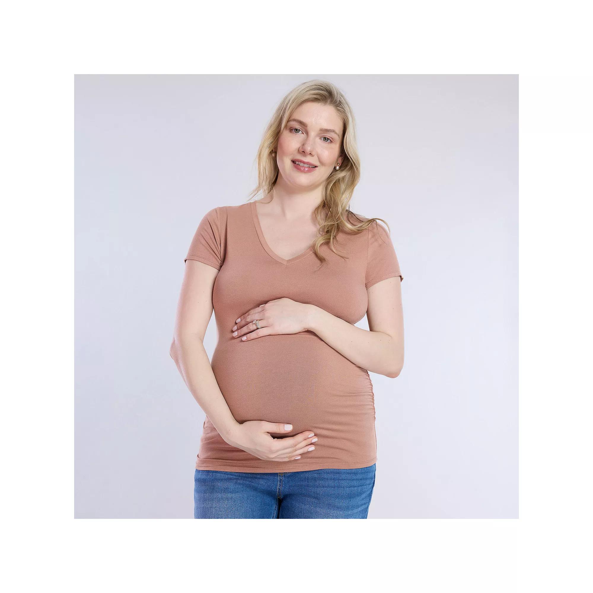 Maternity Motherhood® Side Ruched V-Neck Tee, Women's, Size: Small-Mat, Brown Mousse Product Image