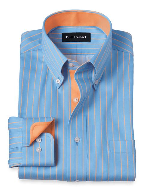 Comfort Stretch Non-Iron Stripe Dress Shirt With Contrast Trim - Blue/melon Product Image
