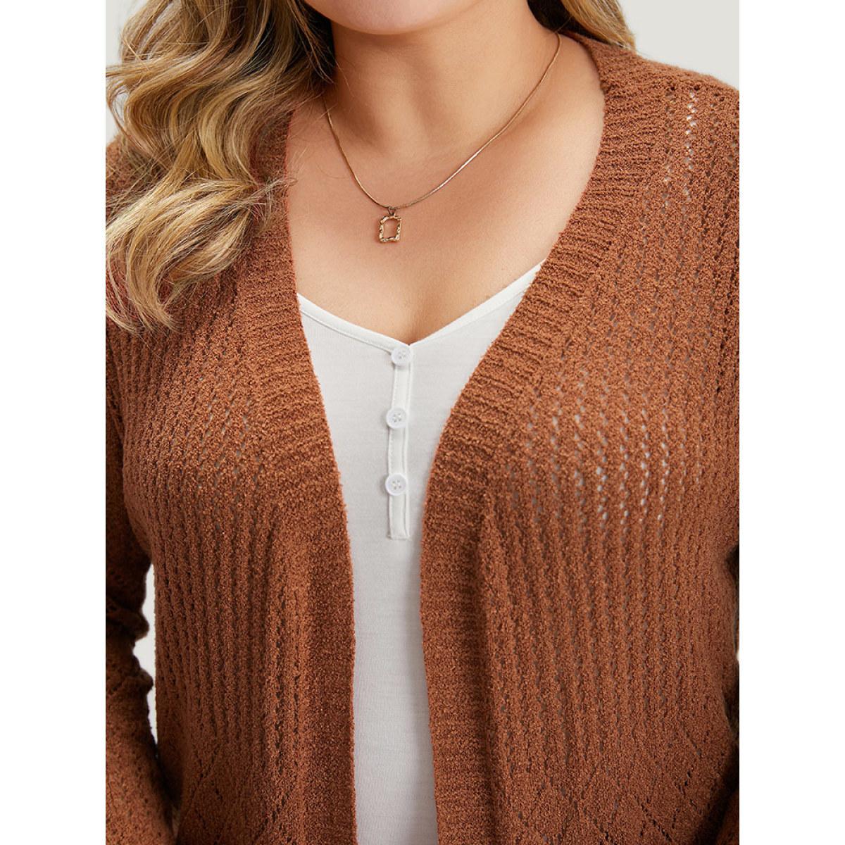 Plus Size Solid Geometric Hollow Out Open Front Cardigan Chocolate Women Casual Long Sleeve Dailywear Cardigans BloomChic 18-20/2X Product Image