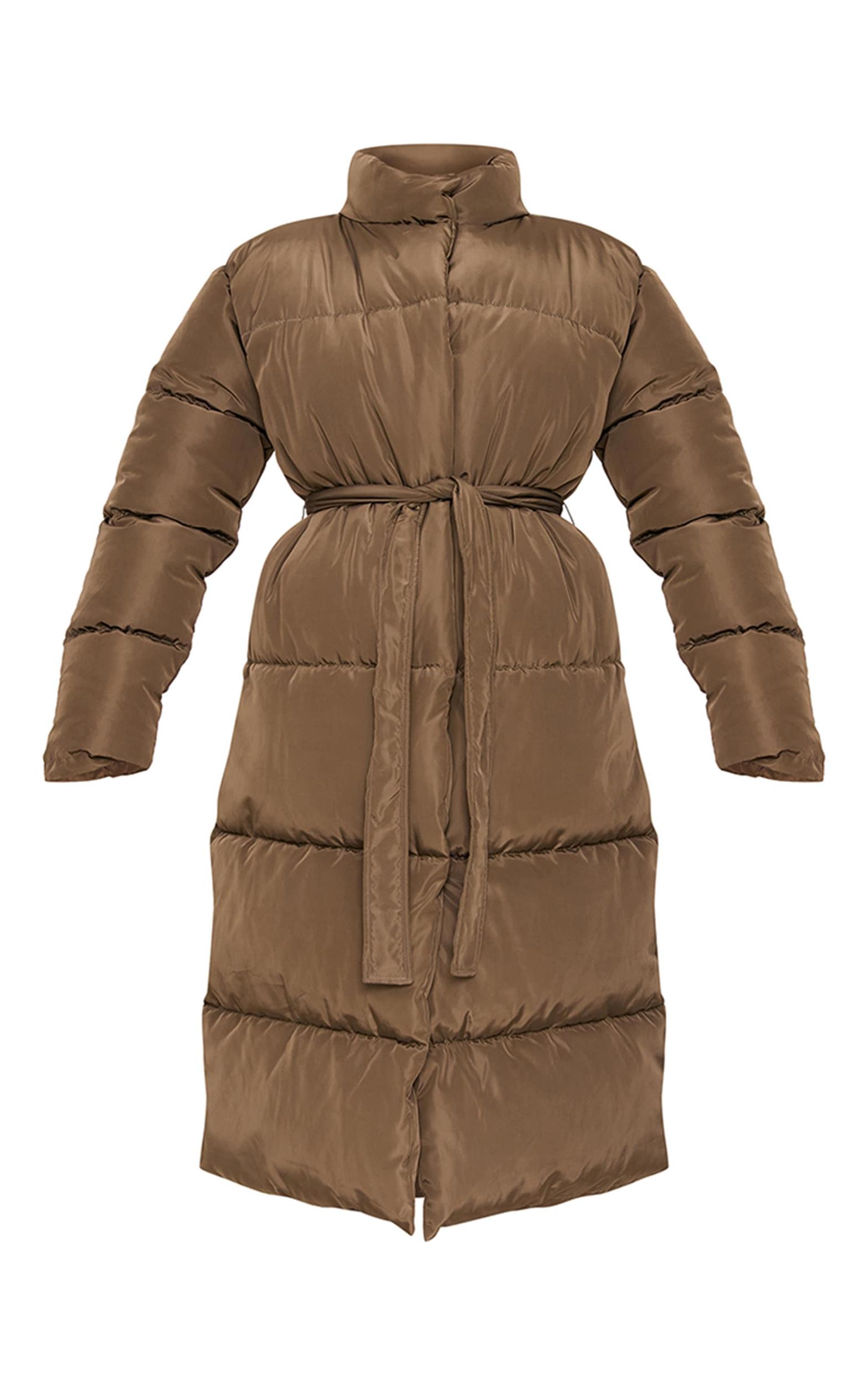 Khaki Quilted Longline Tie Waist Puffer Coat Product Image