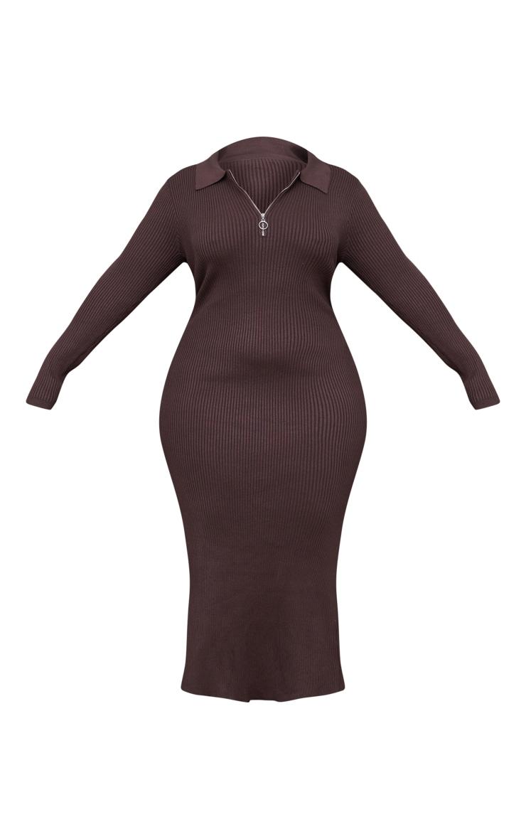 Plus Chocolate Half Zip Collared Detail Midaxi Dress Product Image